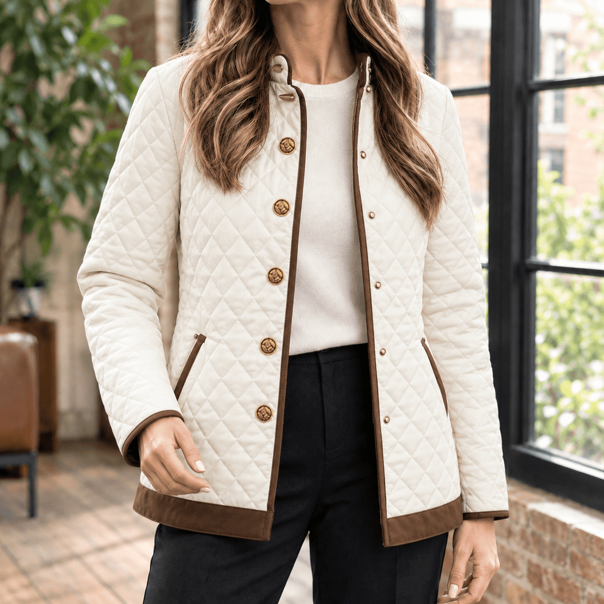 Women's Diamond Quilted Puffer-Style Jacket with Contrast Trim