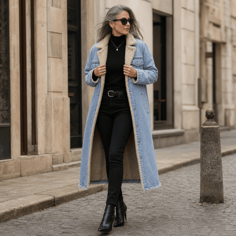 Denora Sherpa-Lined Full-Length Denim Coat with Lapel Collar
