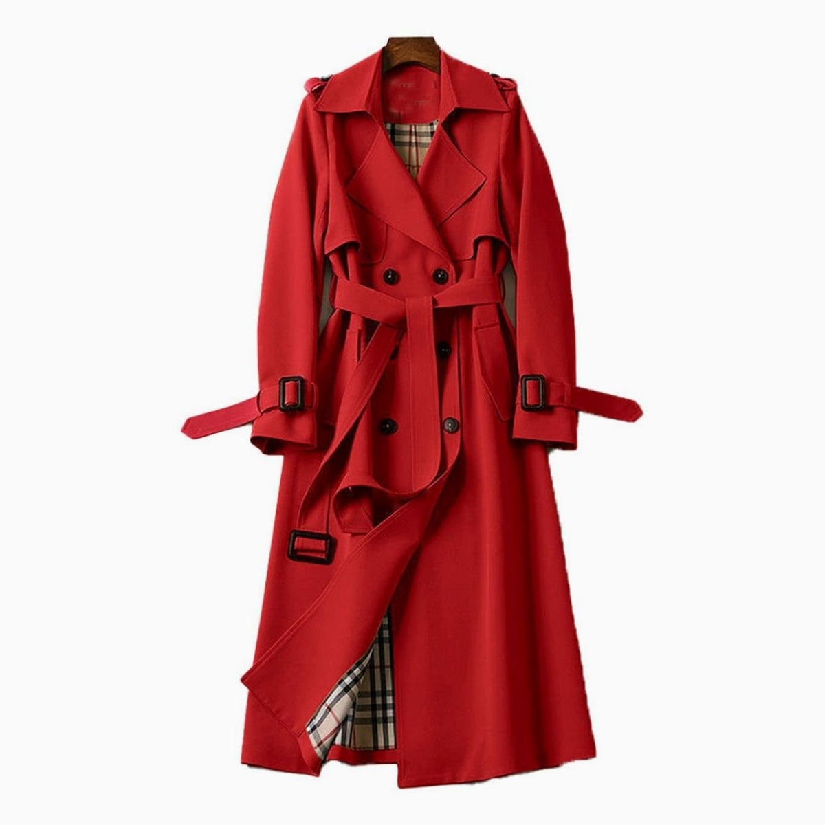 Women's Double-Breasted Belted Longline Polyester Trench Coat with Plaid Lining