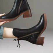 Bellora Leather Ankle Boots with Side Zipper and Stacked Block Heel