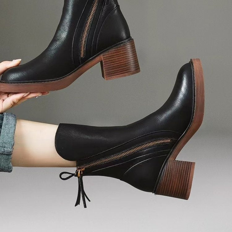 Bellora Leather Ankle Boots with Side Zipper and Stacked Block Heel