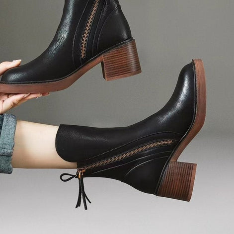 Bellora Leather Ankle Boots with Side Zipper and Stacked Block Heel