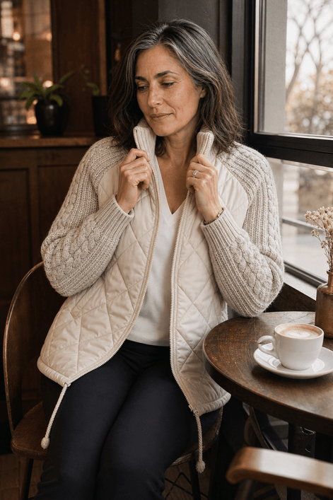 Women's Knit-Panel Quilted Puffer Jacket with Ribbed Cuffs