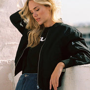 Women's Classic Polyester Bomber Jacket with Ribbed Trim and Zip-Up Front