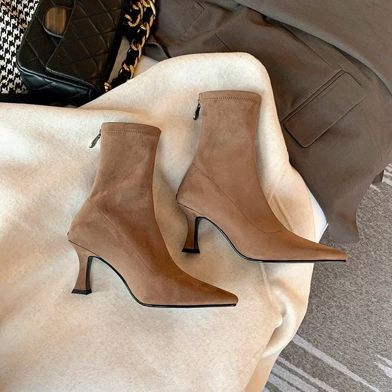 Doris Pointed-Toe Sock Boots with Kitten Heel in Suede-Effect Fabric