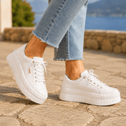 Women's Cushioned Faux Leather Sneakers with Platform Sole and Lace-Up Closure