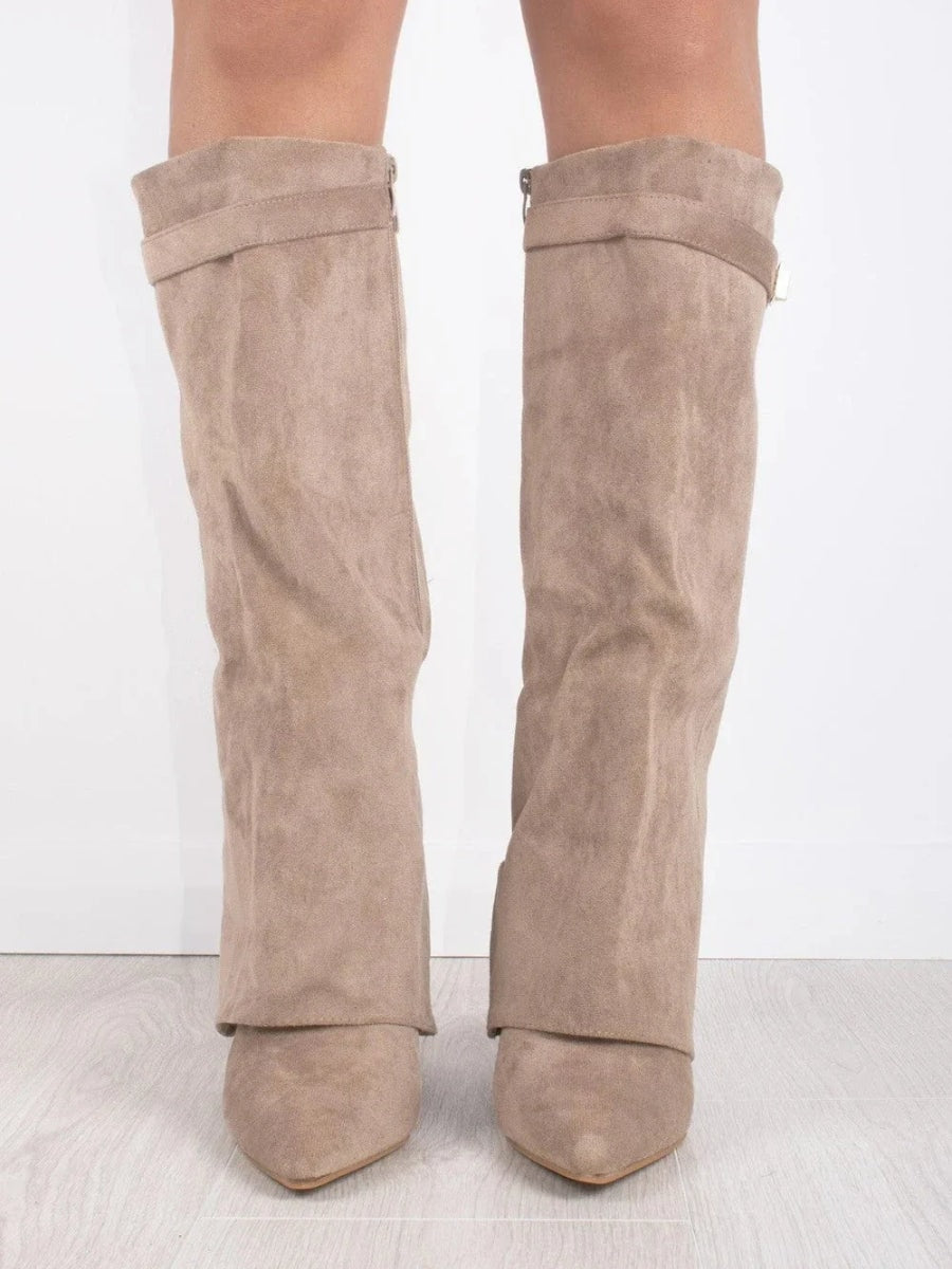 Fold-Over Pointed Toe Knee-High Suede Boots for Women in Winter
