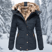Women's Quilted Polyester Puffer Jacket with Faux Fur Trim Hood