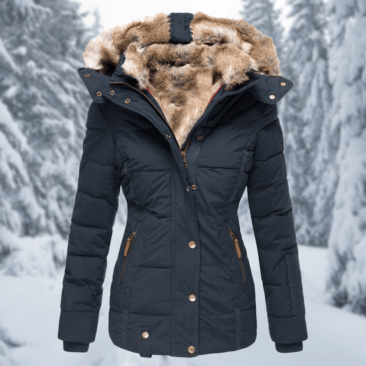 Women's Quilted Polyester Puffer Jacket with Faux Fur Trim Hood