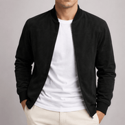 Suede-Textured Bomber Style Jacket for Men with Ribbed Trim
