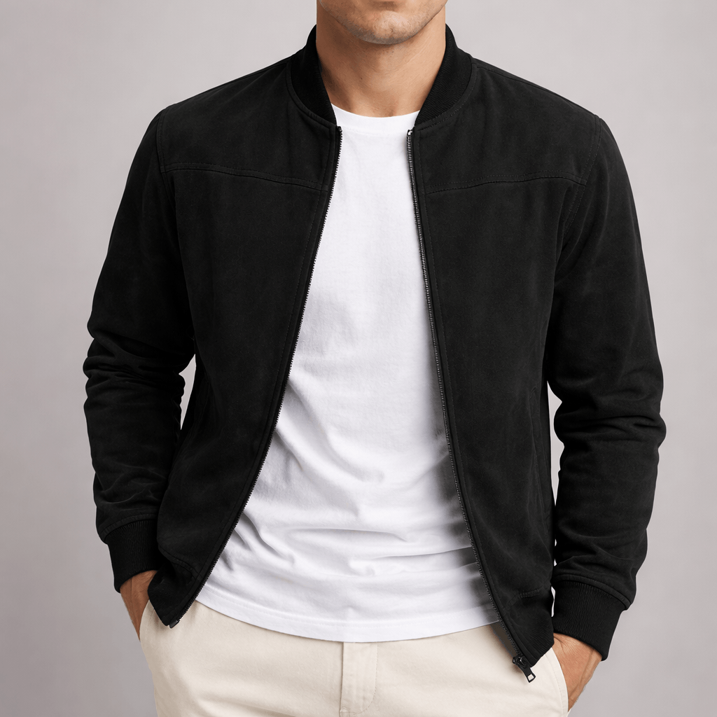 Suede-Textured Bomber Style Jacket for Men with Ribbed Trim