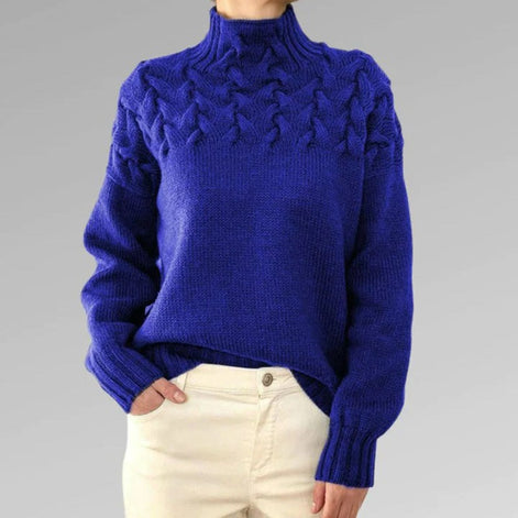 Women's Cable Knit High-Neck Jumper with Textured Yoke and Ribbed Cuffs