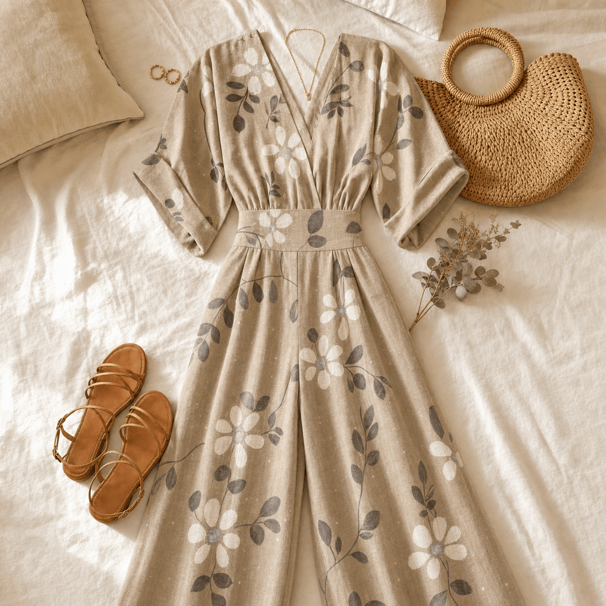 Floral Print Wide-Leg Jumpsuit with Cinched Waist and Pockets