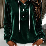 Women's Velvet Hooded Sweatshirt with Button Placket and Drawstring