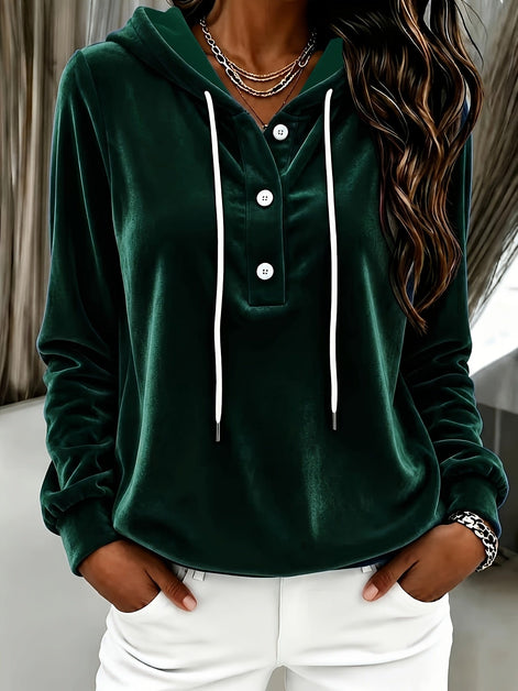 Women's Velvet Hooded Sweatshirt with Button Placket and Drawstring