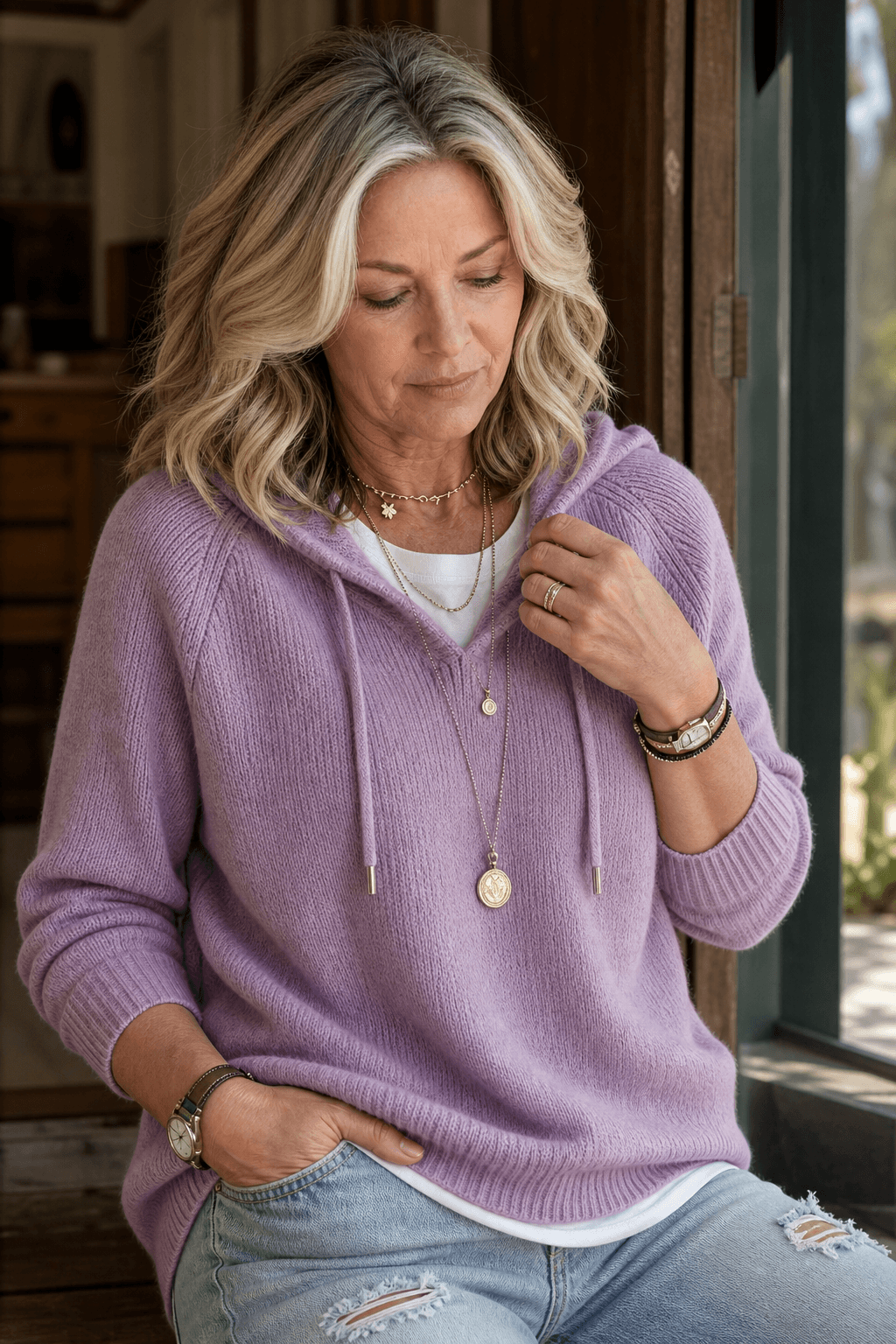 Women's Ribbed Hooded Knit Jumper with Drawstring