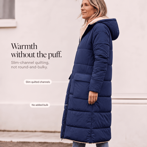 Women's Reversible Quilted Longline Winter Coat with Sherpa Trim