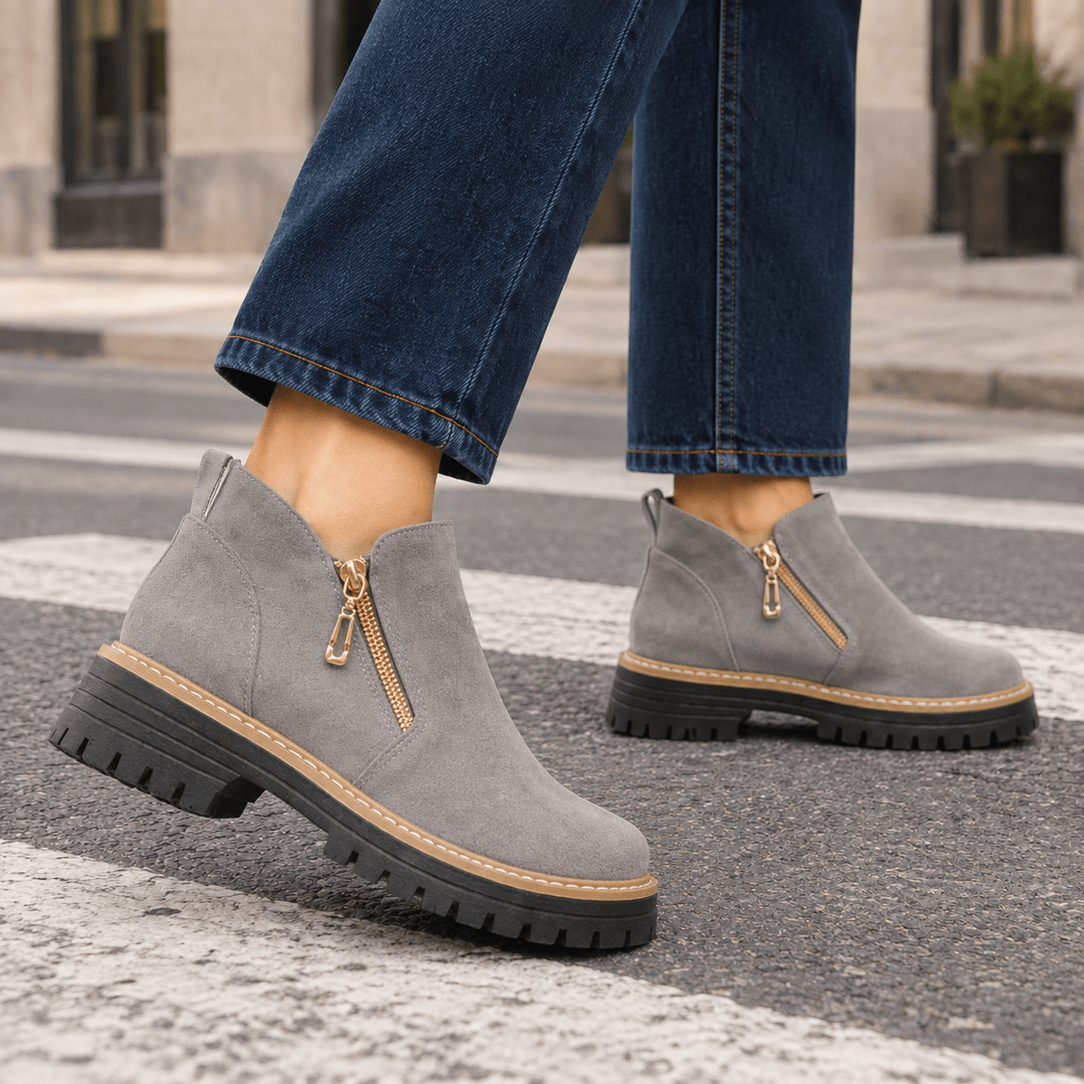 Women's Lugged-Sole Suede Zip-Up Ankle Boots