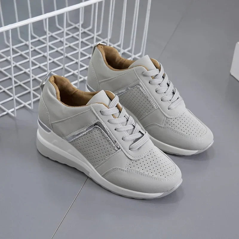 Women's Lace-Up Wedge Cushioned Sneakers with Breathable Mesh Panels
