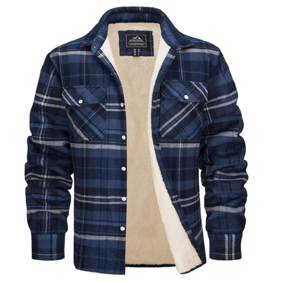 Men's Sherpa-Lined Plaid Flannel Shirt Jacket with Button Pockets