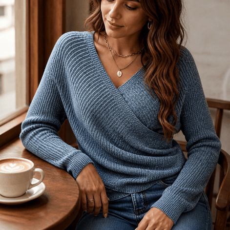 Women's Crossover Wrap V-Neck Knitted Jumper Top