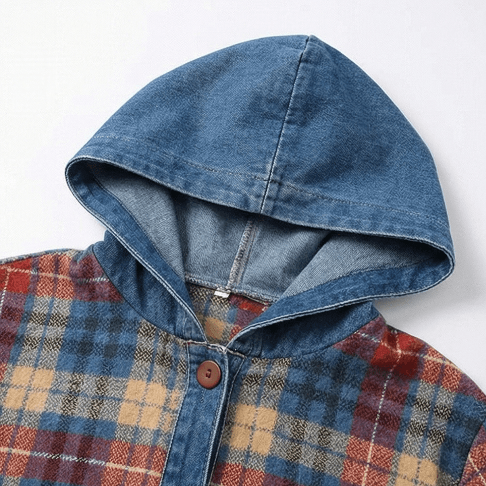 Weslyn Plaid Hooded Shacket with Denim Trim