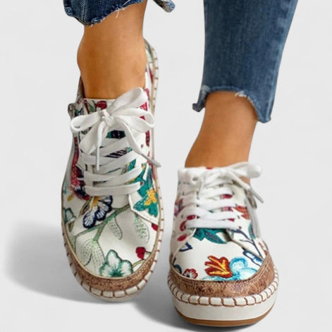 Olisette Floral Embroidered Textile Women's Comfort Shoes with Zip Detail