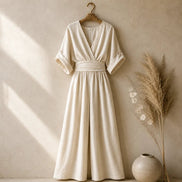 Wide Leg V-Neck Jumpsuit with Pleated Waist Sash for Women