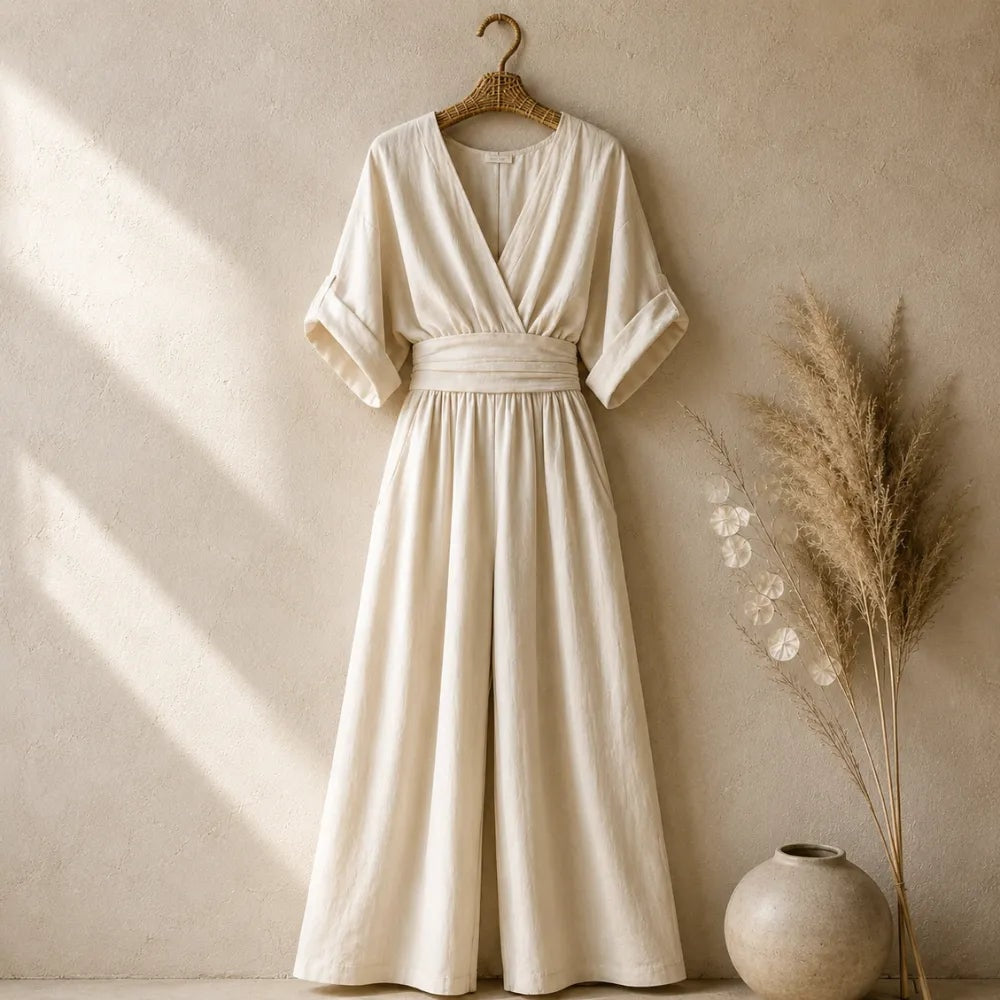 Wide Leg V-Neck Jumpsuit with Pleated Waist Sash for Women