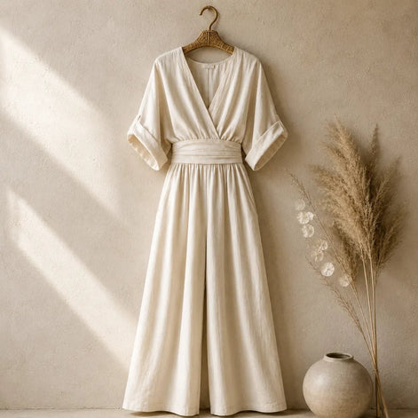 Wide Leg V-Neck Jumpsuit with Pleated Waist Sash for Women