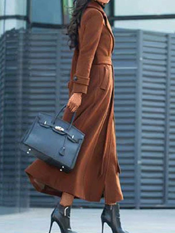 Elora Belted Shawl Collar Long Wool-Blend Coat with Button Front