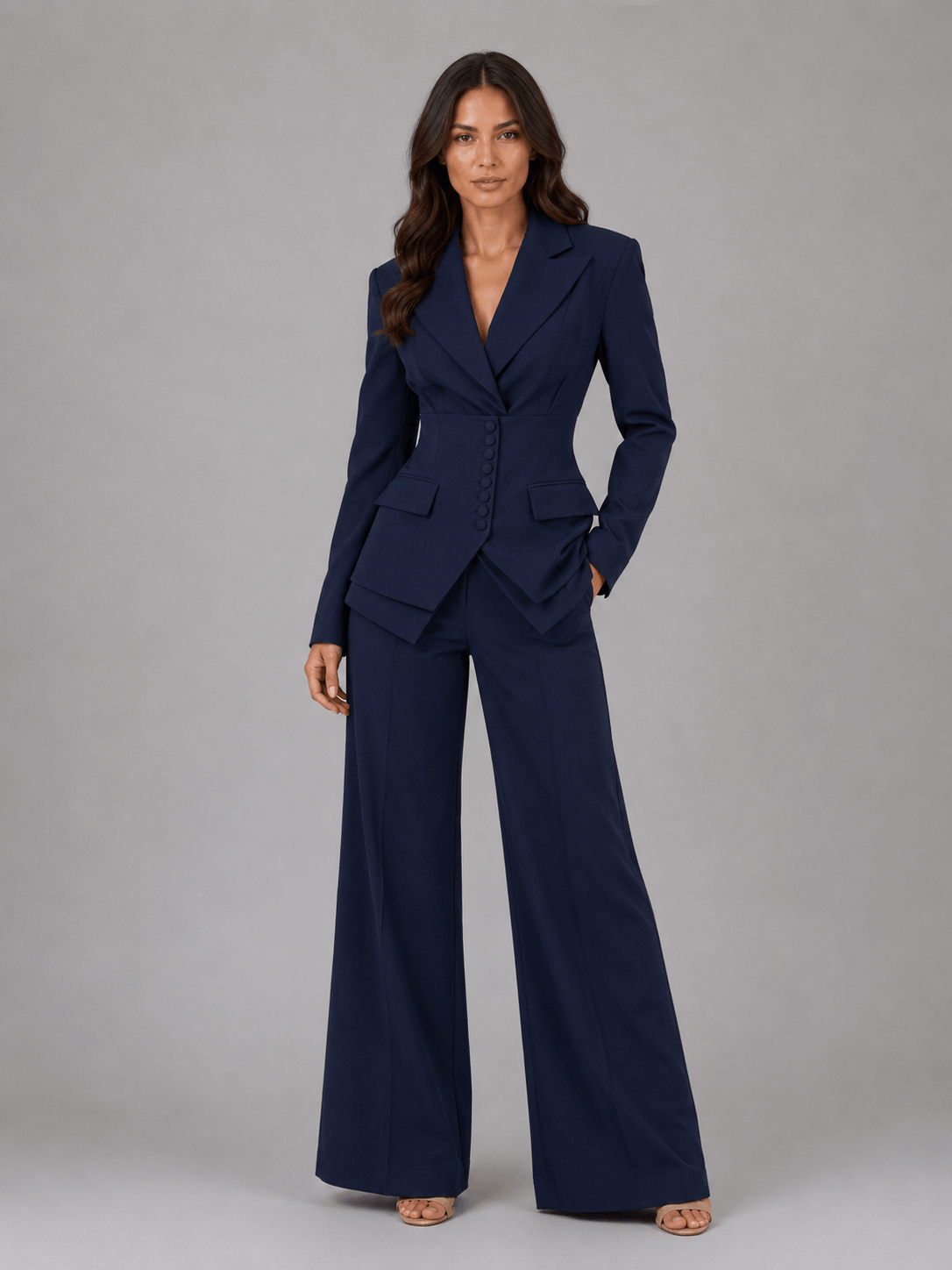 Cinched-Waist Blazer and Wide-Leg Trouser Suit with Tailored Fit