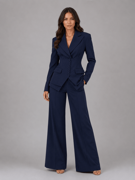 Cinched-Waist Blazer and Wide-Leg Trouser Suit with Tailored Fit