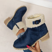 Faux Shearling Cuff Buckle Boots with Block Heel
