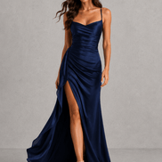 Draped Satin High-Slit Christmas Party Maxi Dress with Ruched Waist