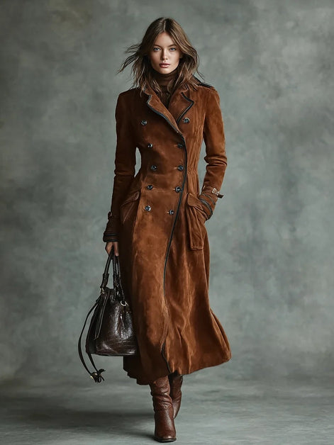 Uilkje Double-Breasted Suede Longline Winter Coat for Women