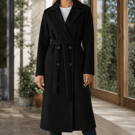 Adele-Grace Women's Belted Double-Breasted Winter Coat with Notched Lapels
