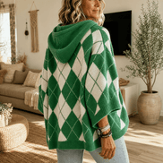 Women's Hooded Argyle Batwing Poncho Knitted Jumper with Relaxed Fit