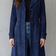 Suede-Effect Longline Coat with Tailored Waist for Women in Winter