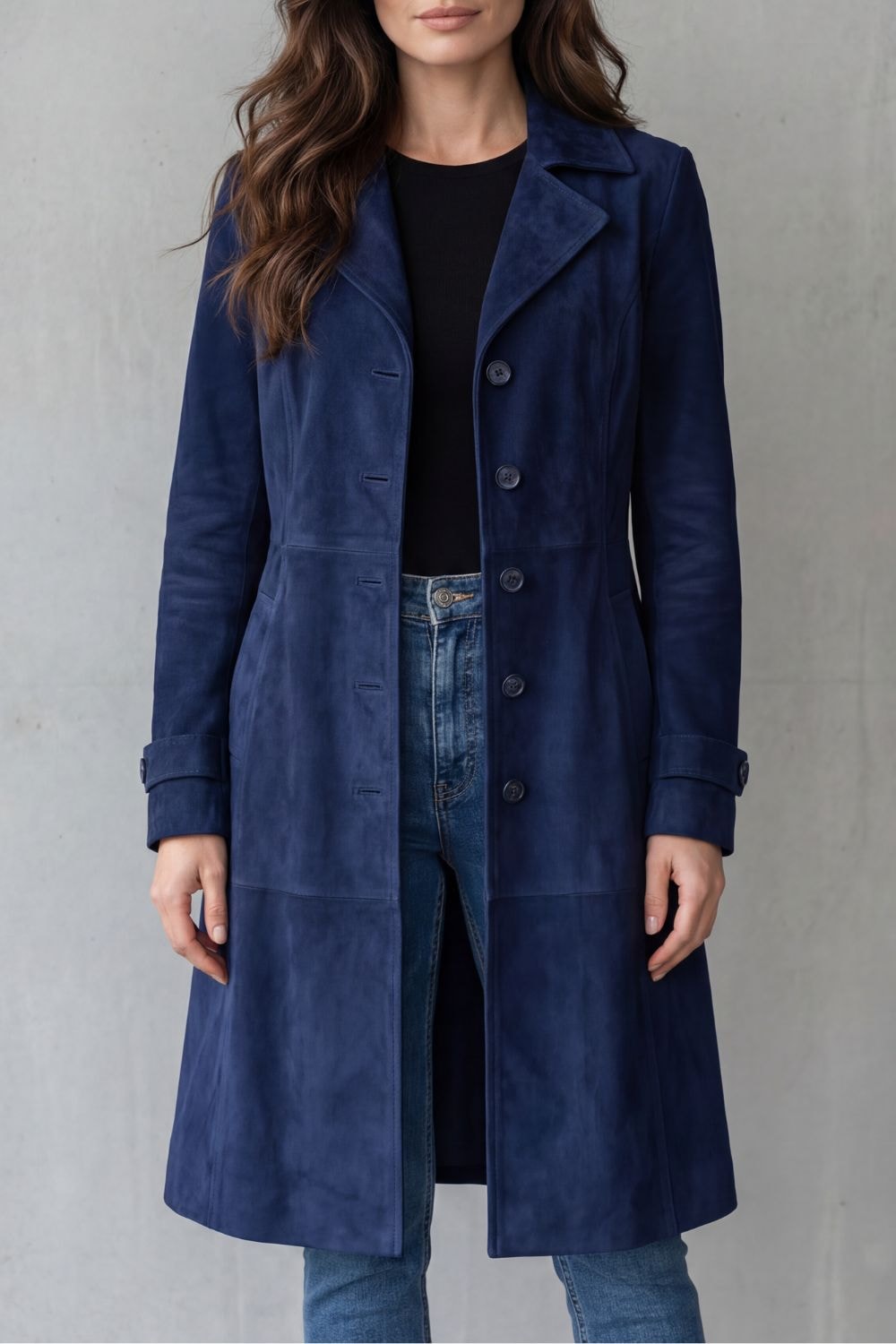 Suede-Effect Longline Coat with Tailored Waist for Women in Winter