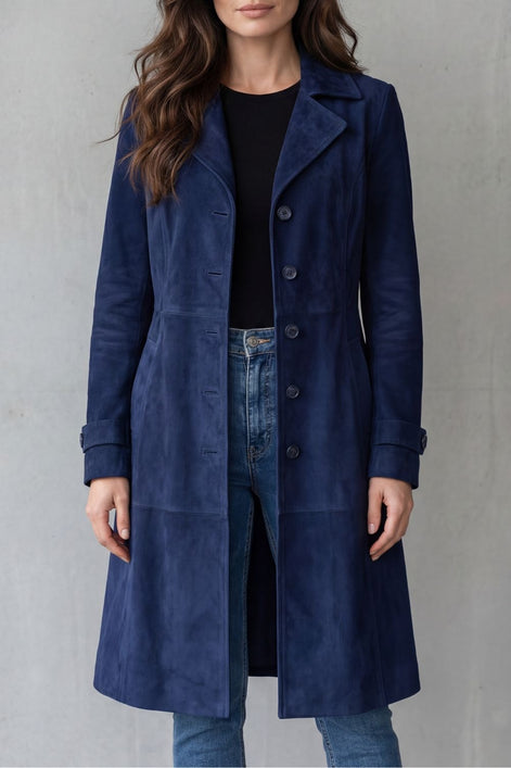 Suede-Effect Longline Coat with Tailored Waist for Women in Winter