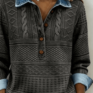 Melkorka Denim-Effect Collared Cable Knit Top with Long Sleeves