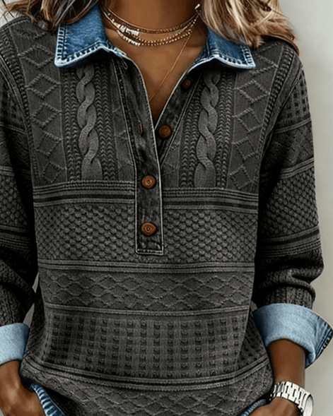 Melkorka Denim-Effect Collared Cable Knit Top with Long Sleeves