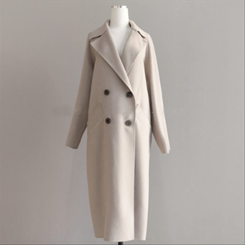 Longline Double-Breasted Women's Wool Blend Coat for Winter