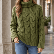 Women's Cable Knitted Turtleneck Jumper with Ribbed Cuffs