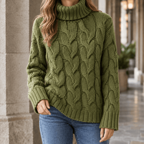 Women's Cable Knitted Turtleneck Jumper with Ribbed Cuffs