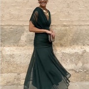 Wrap V-Neck Mesh Overlay Midi Dress for Christmas Party Events