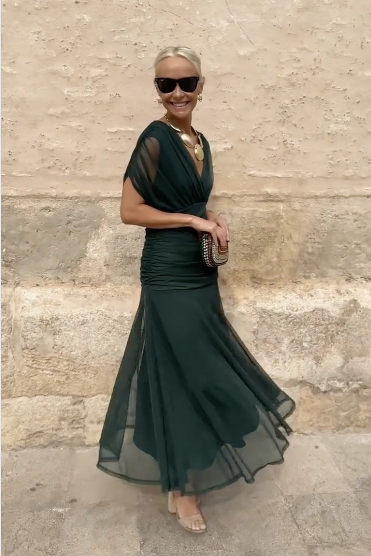 Wrap V-Neck Mesh Overlay Midi Dress for Christmas Party Events
