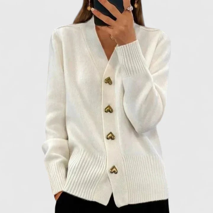 Lillyanne Heart Button V-Neck Women's Knitted Cardigan with Soft Drape