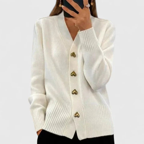 Lillyanne Heart Button V-Neck Women's Knitted Cardigan with Soft Drape